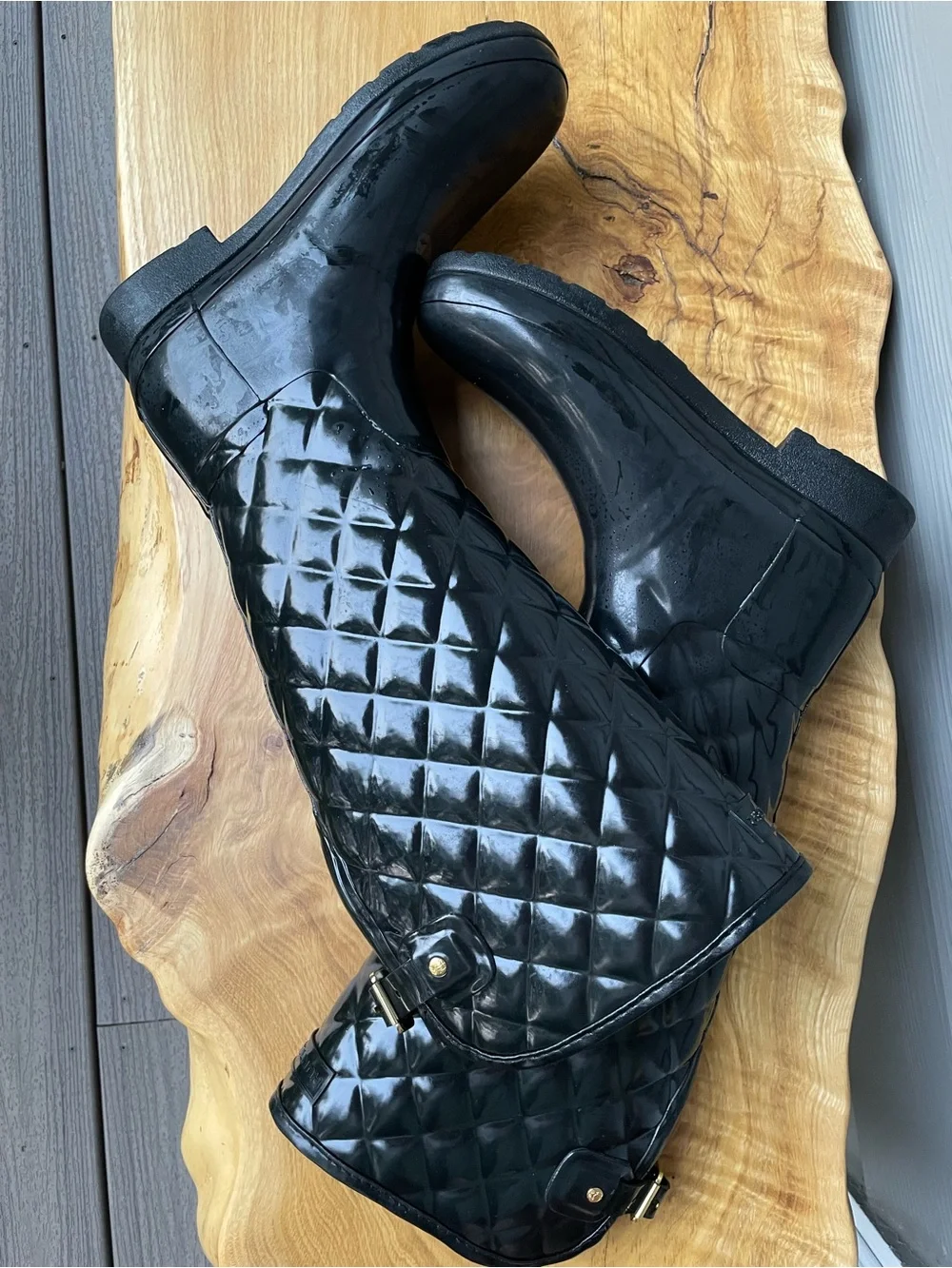 Hunter Quilted Black Knee-High Rain Boots with Gold Buckle